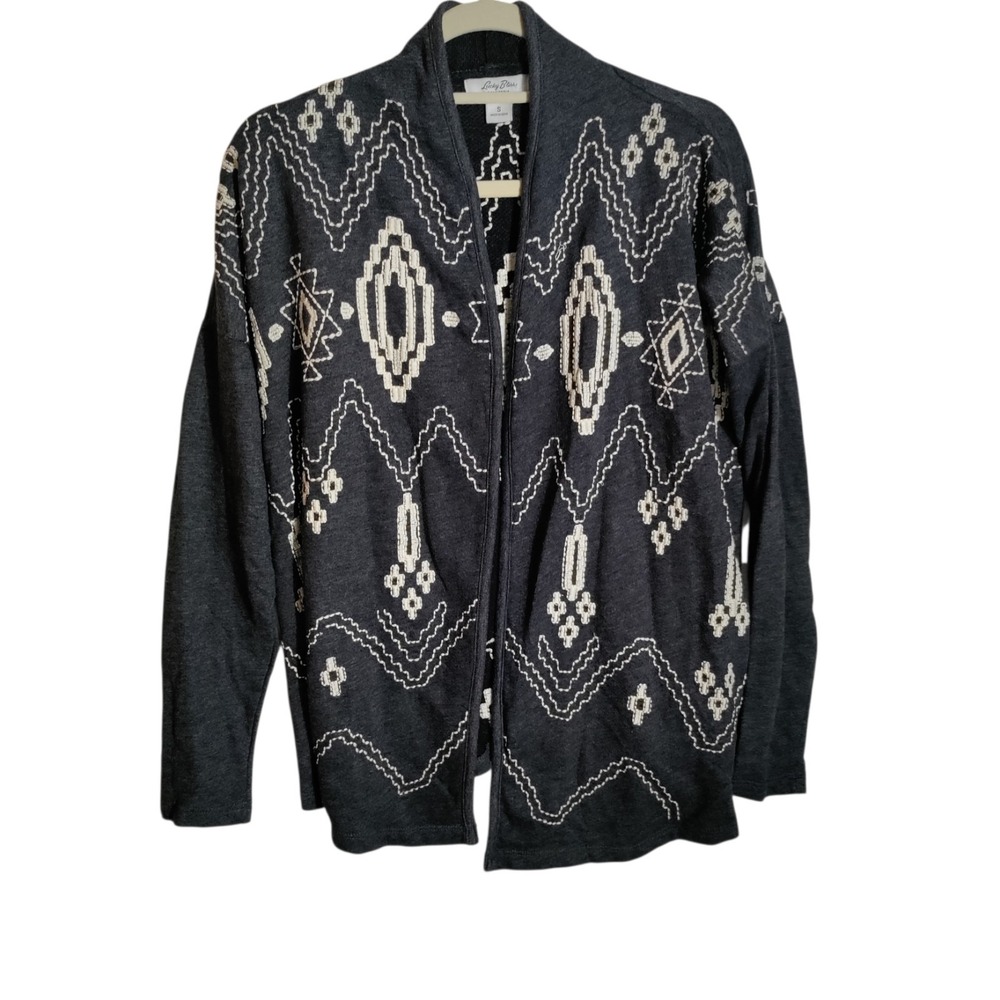 Lucky Brand California Cardigan Women's S Gray Open Embroidered Southwest